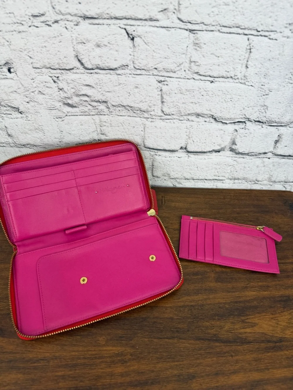 Halogen Zip-Around Leather Travel Clutch Wallet — Red/Fuchsia — VGC